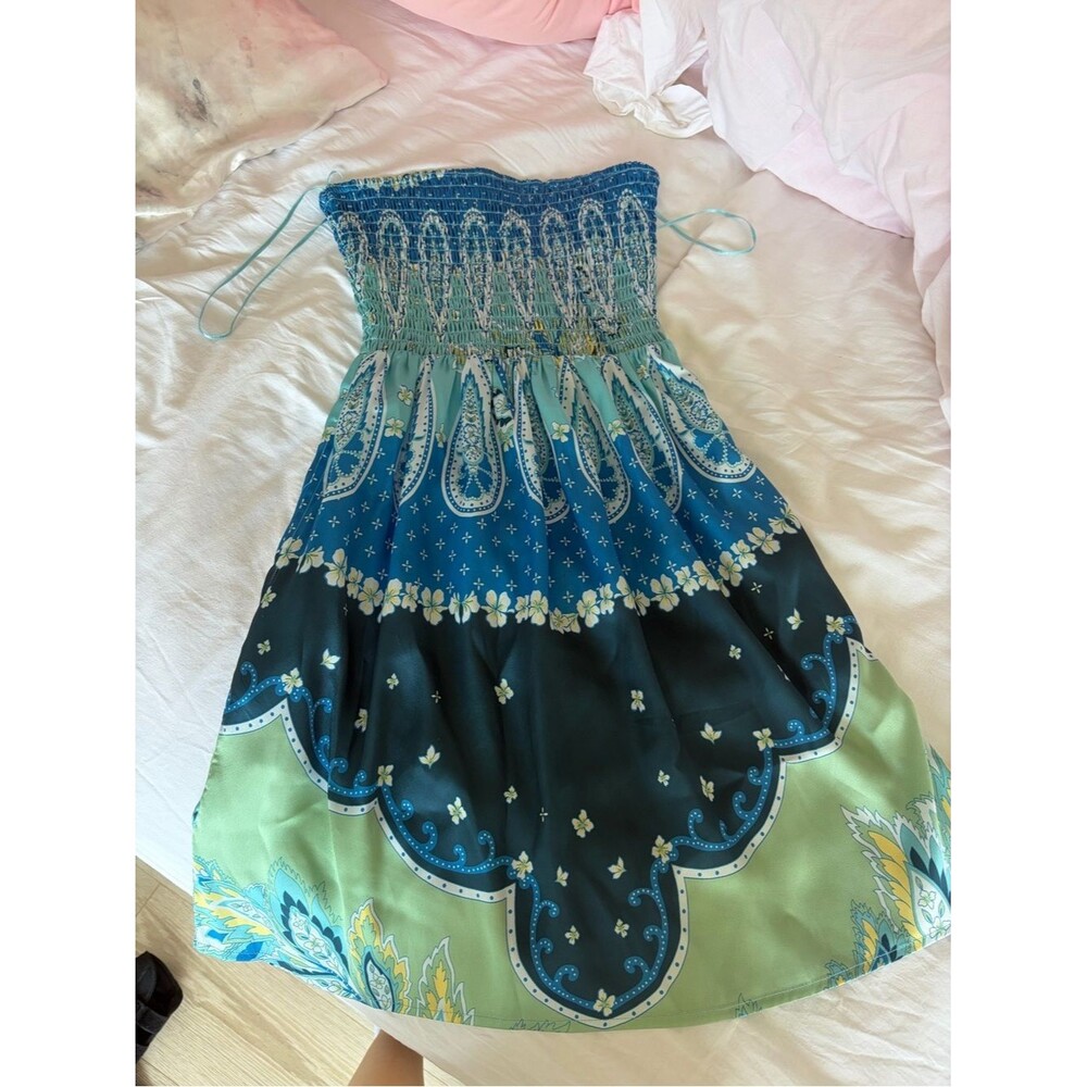 Elan Teal & Blue Smocked Strapless Dress with Light Green Accents